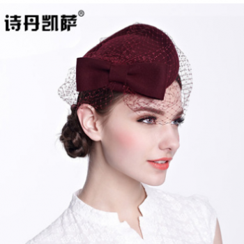 詩(shī)丹凱薩復(fù)古英倫小禮帽 秋冬羊毛呢 貴族貝雷帽子 空姐帽 面紗帽