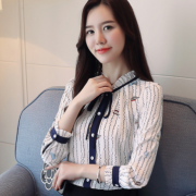 實拍雪紡衫襯衫女春季新款韓版印花長袖立領打底衫上衣小衫