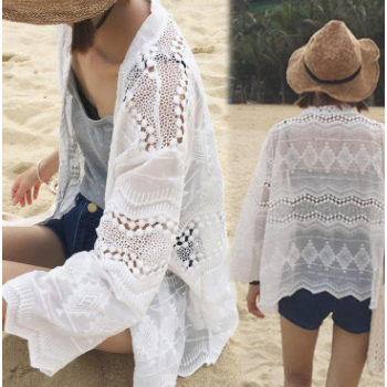 2017韓國官網蕾絲鏤空外套罩衫開衫七分袖防曬衣女夏天海邊沙灘服