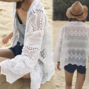 2017韓國官網蕾絲鏤空外套罩衫開衫七分袖防曬衣女夏天海邊沙灘服