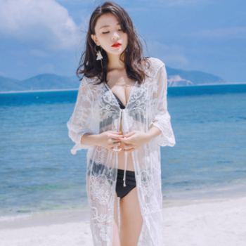 海邊度假比基尼防曬罩衫沙灘服鏤空蕾絲防曬衣中長款蕾絲開衫外套