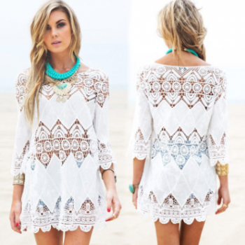 速賣通新款歐美風度假沙灘裙鏤空鉤花繡花沙灘比基尼外罩衫