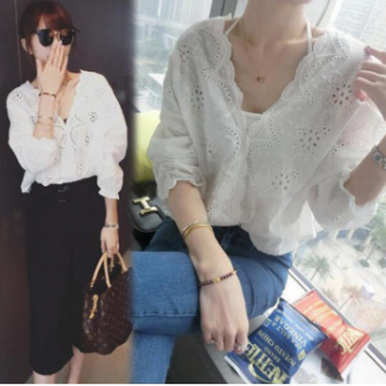 女裝新款韓版V領寬松鉤花蕾絲上衣氣質甜美寬松顯瘦V領蕾絲襯衫女