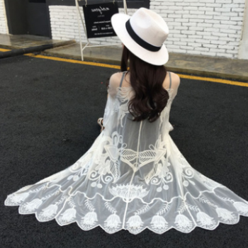 2018夏季新品女裝渡假海邊沙灘外罩中長薄款開衫蕾絲防曬衣服