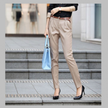 2018新款褲子職業(yè)裝女式ol職裝褲子純色休閑褲哈倫褲杏色