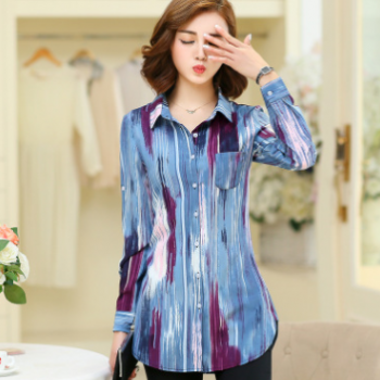 2018春裝新款韓版印花中長款襯衫女長袖襯衣百搭打底衫雪紡衫