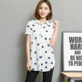 2018夏新款大碼女裝韓版胖MM加肥加大星星印花短袖中長款打底襯衫