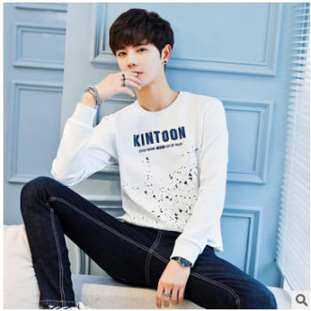 春秋季新款男式休閑衛衣青少年時尚修身潮流印花男士長袖T恤衫男