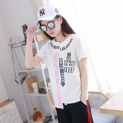 2018新款T恤女彈力純棉不對稱刺繡菠蘿個性字母修身半袖潮牌