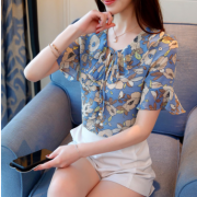 2018新款韓版雪紡衫上衣女碎花套頭小衫女夏裝