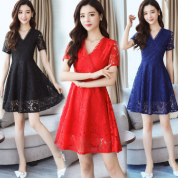 2018新款大碼女裝胖mm夏裝韓版修身顯瘦中長款蕾絲連衣裙