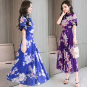 復古雪紡顯瘦氣質冷淡風夏連衣裙收腰印花女中長款裙子