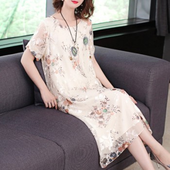 2018夏季新款時尚歐美大牌外貿女裝大碼寬松中長款提花碎花連衣裙