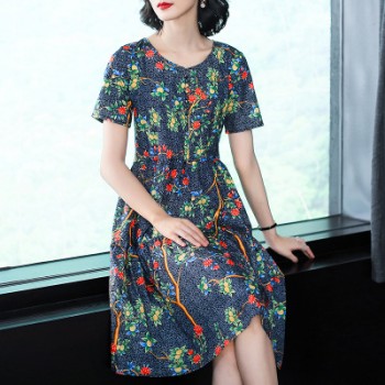 2018夏季新款時尚歐洲站外貿女裝大碼寬松顯瘦中長碎花雪紡連衣裙