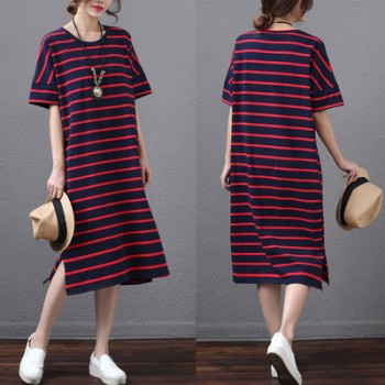 2018韓版外貿大碼女裝夏季新款胖mm寬松顯瘦條紋T恤中長款連衣裙