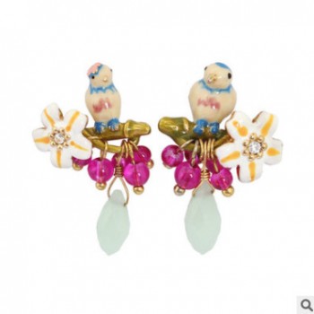 浪漫琺瑯釉立體藍山雀小鳥雛菊花水滴墜耳釘耳墜愛情鳥耳飾