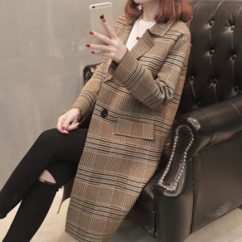 2018秋冬季女裝新款韓版時尚格子中長款西裝領針織開衫大衣外套女
