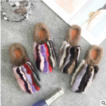 2018秋冬季新款女士涼拖鞋女時尚外穿平底保暖水貂毛兔毛一字拖鞋