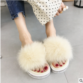 2018夏新款女士厚底涼拖鞋 女時尚外穿平底兔子毛毛一字拖鞋廠家