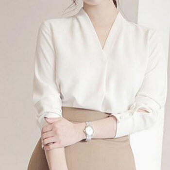2018春秋季新款韓版純色雪紡襯衫女韓范V領長袖寬松襯衣女裝