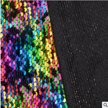 滌綸和PET七彩雙面珠片布料 雙色魚鱗亮片 婚紗旗袍面料 廠家直銷