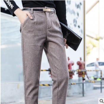 2018冬季新款呢子高腰哈倫休閑褲寬松毛呢西裝褲
