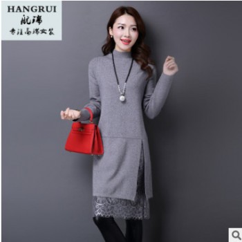 廠家直銷新款貂絨毛衣裙女中長款高領(lǐng)下擺開叉蕾絲羊絨毛女打底衫