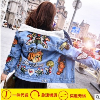 加厚加絨牛仔外套女士 G家新款老虎頭繡花同款羊羔毛外套刺繡夾克