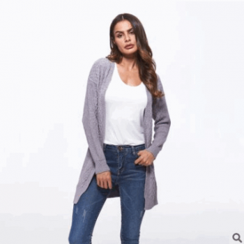 跨境貨源2018秋冬新款歐美大碼針織開衫女中長款大碼毛衣風衣外套