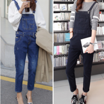 新款品牌牛仔女士黑藍色直筒破洞牛仔背帶褲女長褲 韓國學院風