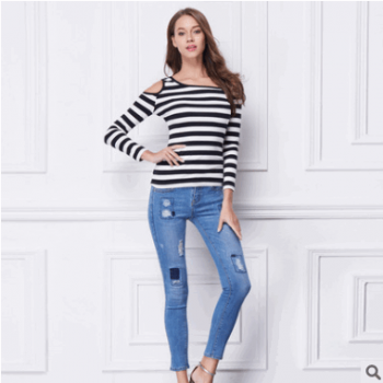 秋裝新款牛仔褲女 韓版修身小腳女牛仔褲中腰貼布彈力顯瘦九分褲