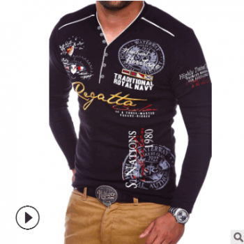 POLO衫定制商務男士秋上新歐美創意印花男裝修身長袖文化衫16082