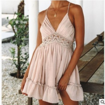 歐美跨境性感露背吊帶腰部花邊裙2019新款速賣通爆款連衣裙亞馬遜