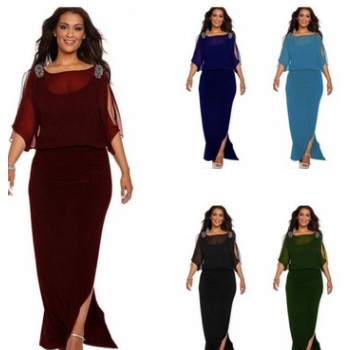 F11#2019歐洲站速賣通新款純色中長袖開叉長款連衣裙 外貿女裝