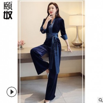 春冬胖mm大碼加工定做顯瘦絲絨闊腿褲連體褲胖妹妹氣質高腰連衣褲