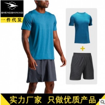夏季短袖男休閑運動套裝 男士健身服套裝跑步速干衣 健身衣定制