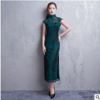 新款復(fù)古蕾絲立領(lǐng)長款旗袍 蕾絲覆蓋短袖旗袍 時尚開叉包邊旗袍
