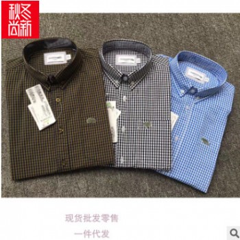 2019魚標新款外貿男裝長袖襯衫格子純棉水洗商務全棉襯衣夏薄清倉