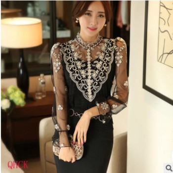 跨境專供 秋季新款立領罩衫上衣修身網(wǎng)紗打底衫女長袖蕾絲衫