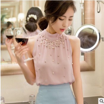 速賣通爆款女裝夏季露肩無袖掛脖上衣顯瘦小衫時尚性感雪紡衫女