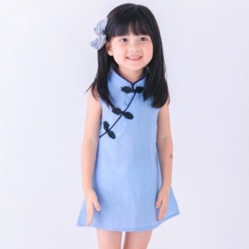 童裝夏季女童旗袍純色連衣裙棉麻唐裝紐扣氣質(zhì)無袖背心裙子