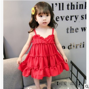 跨境2019夏季薄款女童吊帶連衣裙韓版大紅蛋糕裙周歲裙子一件代發(fā)