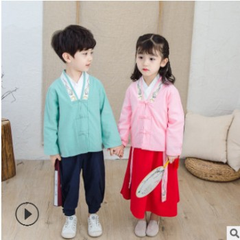 兒童漢服2019春秋新款男女童改良唐裝復(fù)古套裝兒童童裝古裝三件套
