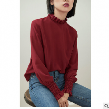 現貨廠家批發 酒紅色米白色荷葉豎領雙縐真絲襯衫女上衣袖口松緊