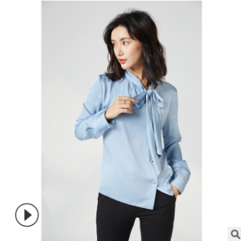 現貨廠家批發女裝重磅上衣長袖蝴蝶結偏襟氣質真絲襯衫女潮