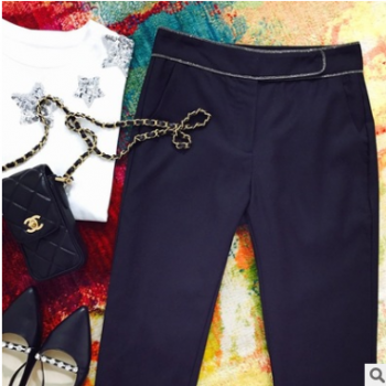 現貨廠家批發2019腰間珠鏈黑色小西褲長褲女 設計感褲子女裝