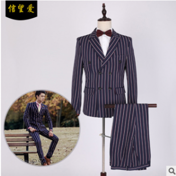 2019夏季休閑西服男黑色條紋商務帥氣外套青年韓版男士西裝套裝