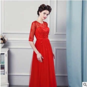 2018新款長袖繡花鑲鉆紅色長禮服秋季宴會時尚晚禮服新娘敬酒服