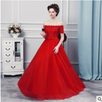 2018年新款一字領婚禮敬酒服晚宴主持演出禮服紅色蕾絲長禮服