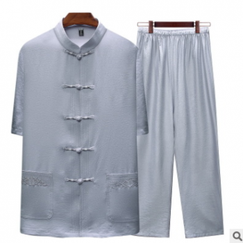 新款男唐裝爺爺夏季短袖套裝爸爸夏裝中老年夏天棉麻中式漢服 批